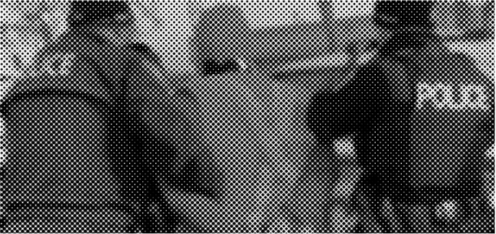 Stylized black and white photo of two cops arresting a person