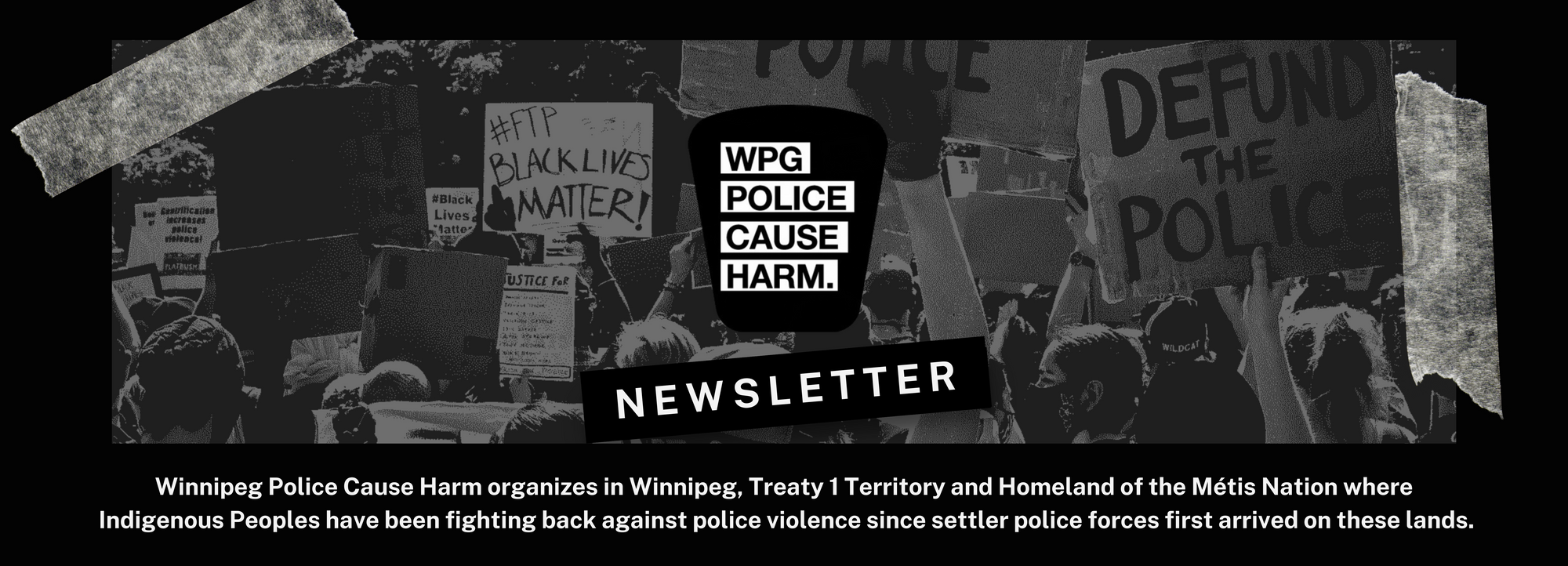 Horizontal graphic with a black background and an image of people holding signs. The WPCH logo in the centre.