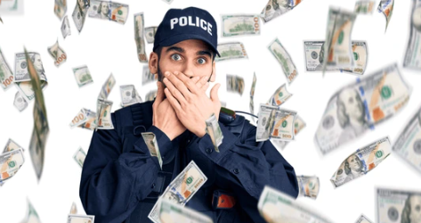 Stock photo of cop covering his face while cash drops all around 